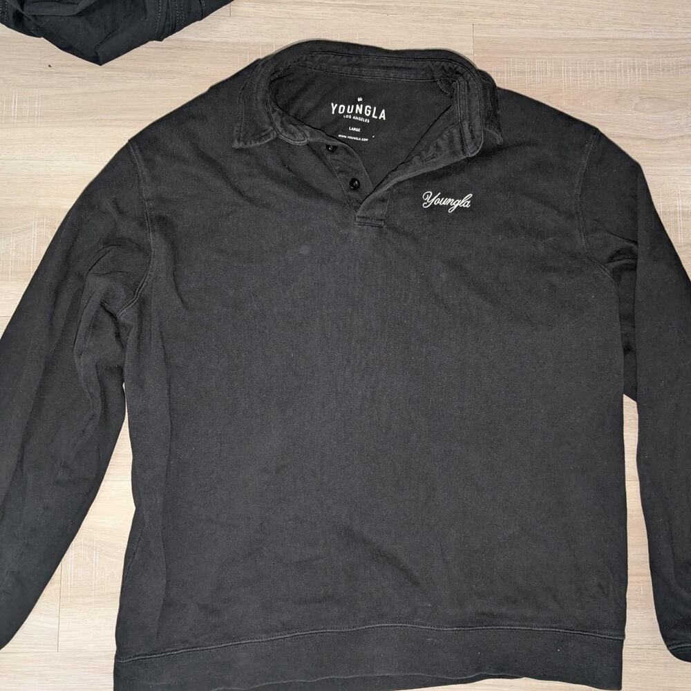 YoungLA 8069 Menace Longsleeve Polo Shirt Black Heavyweight Mens Size L